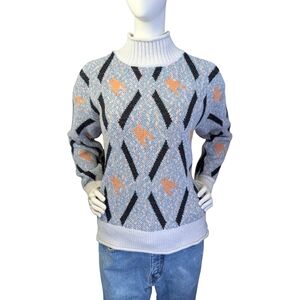 Retro Chenille Colourful Patterned Turtleneck Sweater Graphic Knit, Size S/M